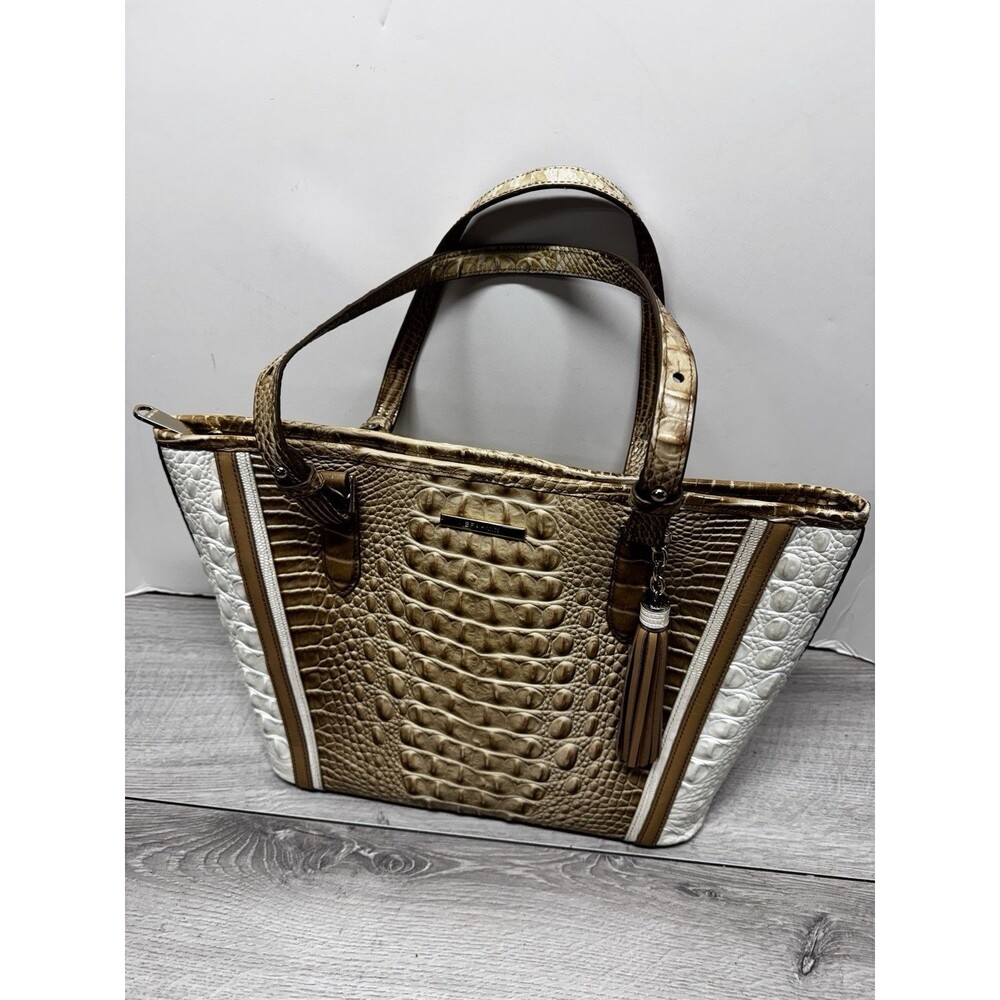 Brahmin Asher Croc Embossed Leather Tote Shoulder Bag Brown Top Handle